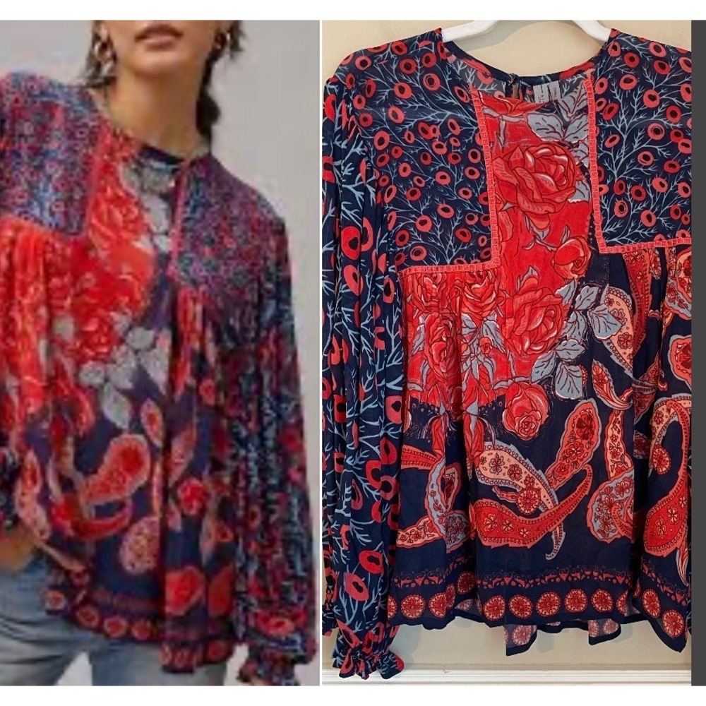 Anthropologie Blank London Size S Miranda Peasant Floral Boho Blouse‎ Red Blue